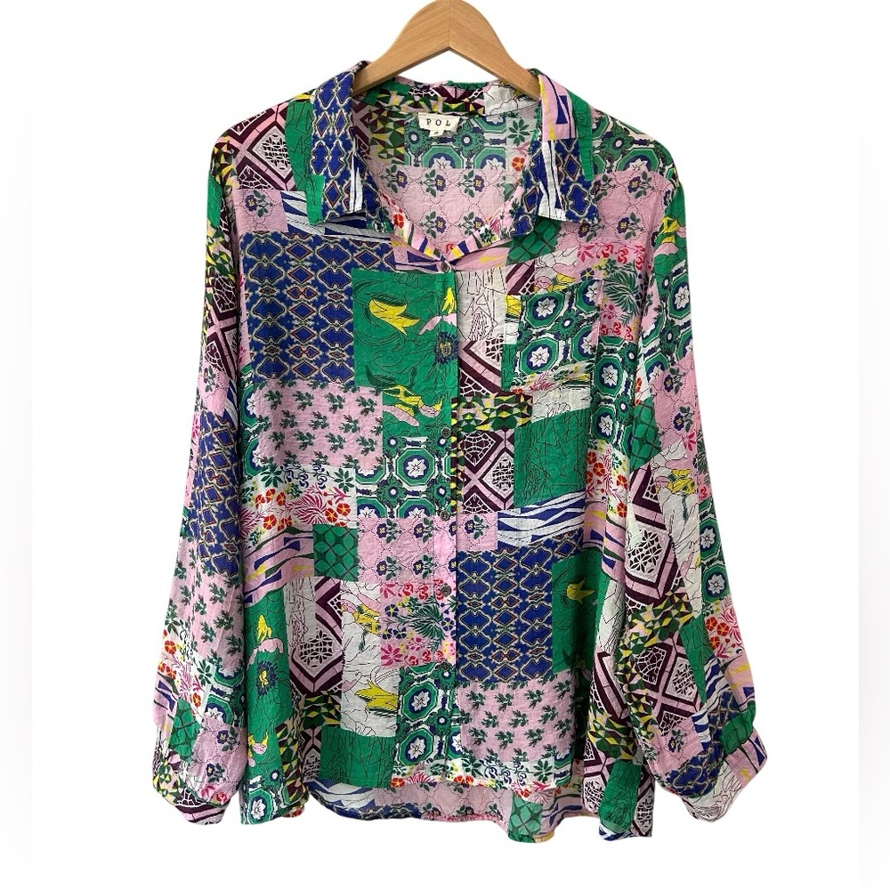 POL women’s Oversized button up floral Top S green blue pink boho cotton